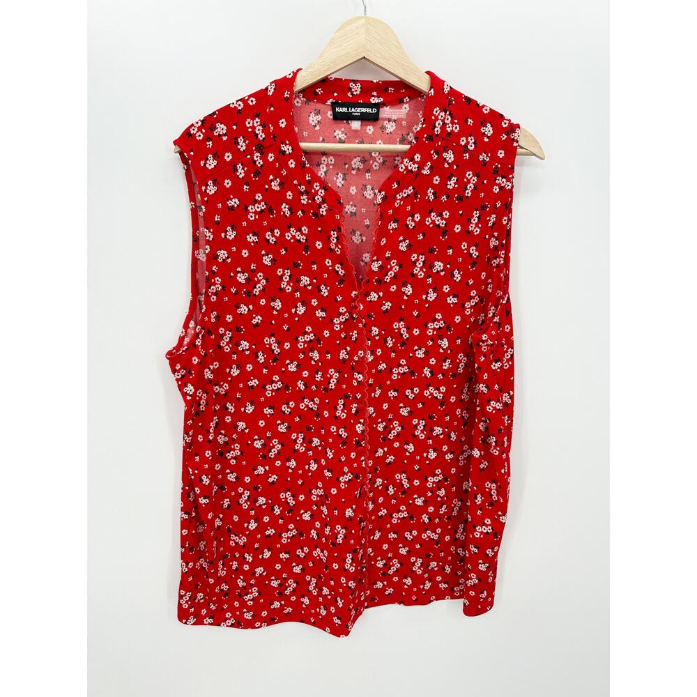 Karl Lagerfeld Paris Women 1X Red Floral Faux Button Blouse Sleeveless Top BP8